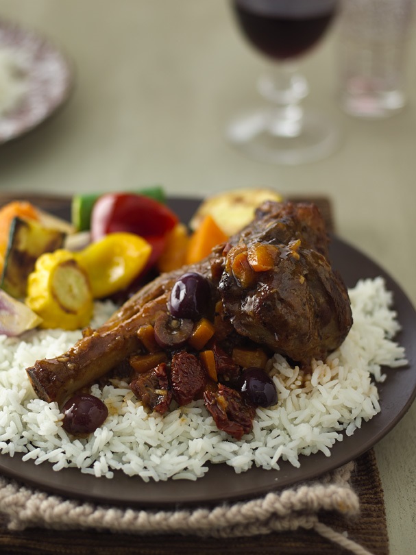 Braised lamb shanks with olives and sun-dried tomatoes