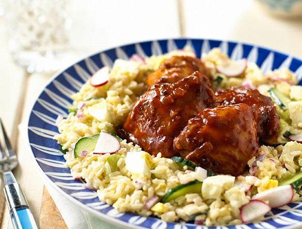 Sticky Chicken Thighs with Egg and Rice Salad