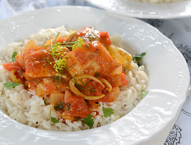 Fish Fennel and Tomato Stew with Coconut Rice