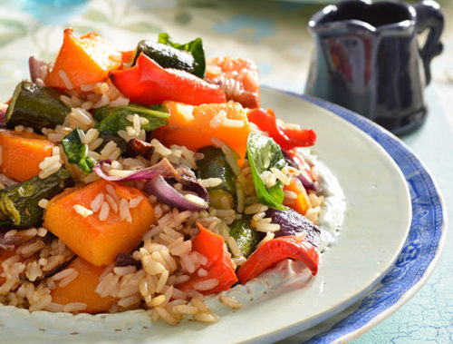 Roasted Mediterranean vegetables and brown rice salad