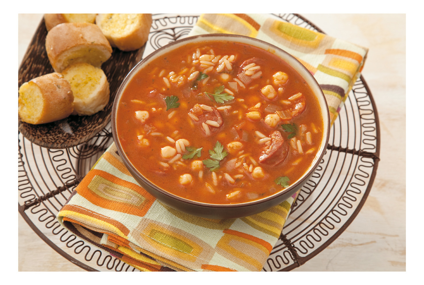 Spanish style rice soup with chickpeas and chorizo