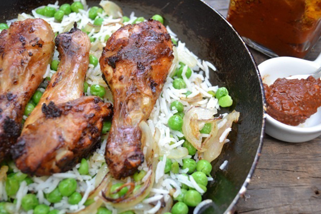 Quick Pea & Onion Pulao with Roasted Harissa Chicken Drumsticks