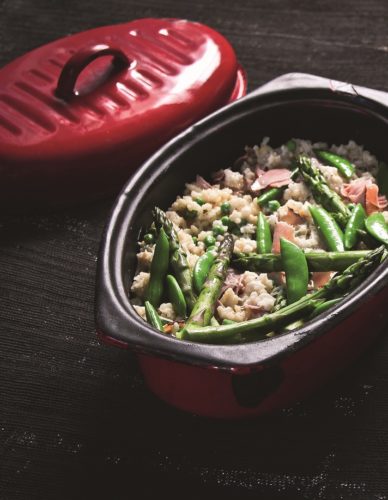 Ham Pea and Asparagus Oven Risotto