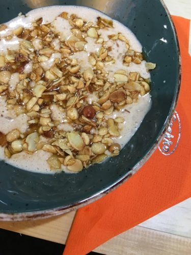 Fragrant Maple Syrup Rice Pudding with a Salted Peanut Butter Topping