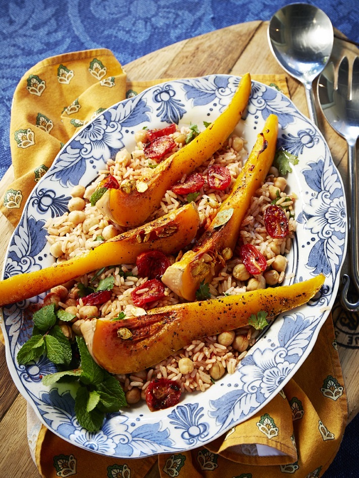 Roast Butternut and Baby Tomatoes With Spicy Chickpea Rice