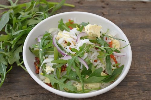 Rice and Rocket Salad With Feta Cheese, Red Onions and Sundried Tomatoes