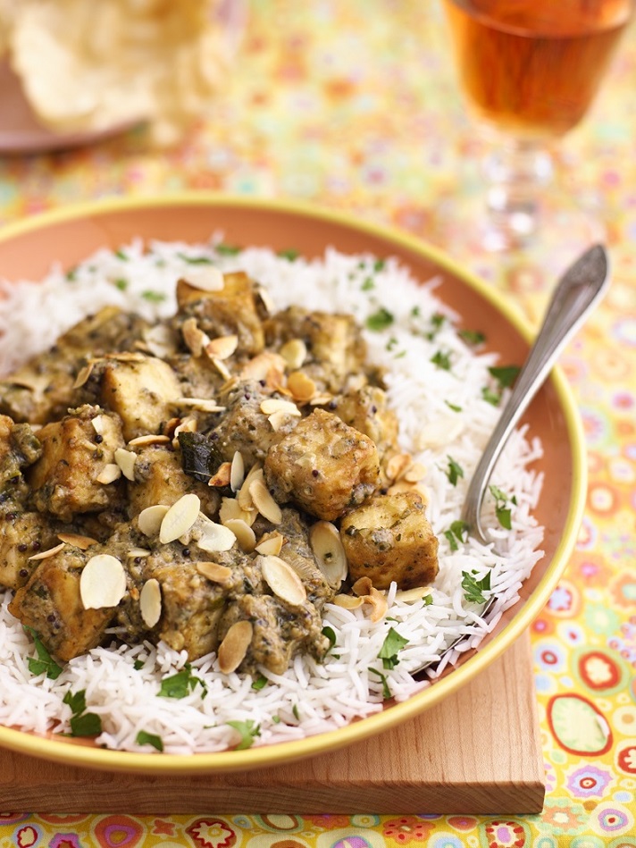 Paneer in a Creamy Almond Sauce With Basmati Rice and Toasted Almonds