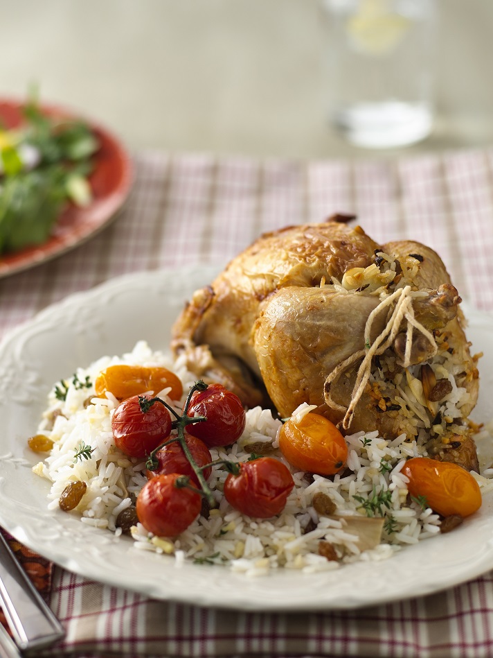 Roast baby chickens with porcini and rice stuffing