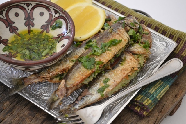 Sardines with a Chilli Coriander and Rice Stuffing
