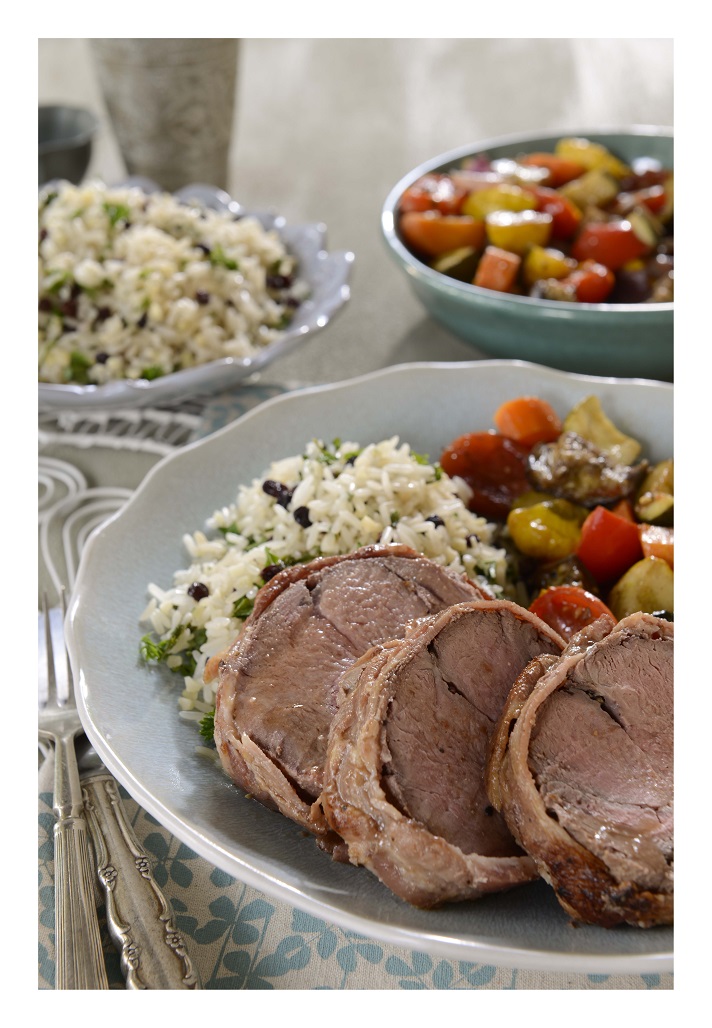Roast Beef Fillets in Prosciutto with Garlic Roasted Tatatouille and Almond Rice Salad