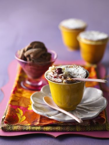 Rice Pudding Soufflé with Cherry Sauce and Chocolate Ice Cream
