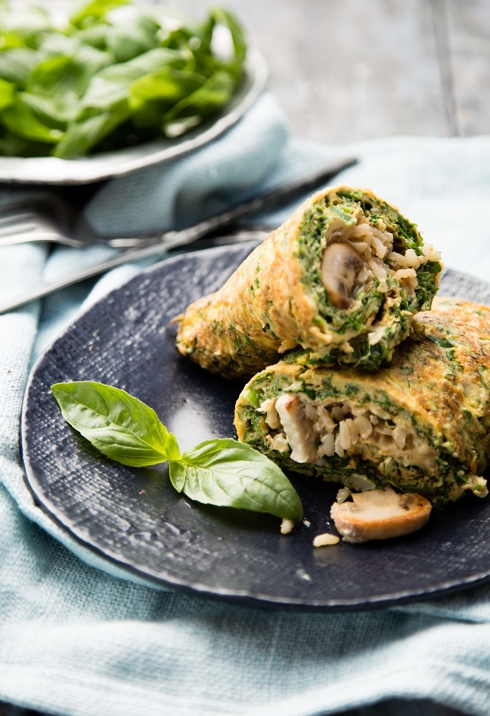 Egg and Kale Wraps filled with Mushrooms and Brown Rice