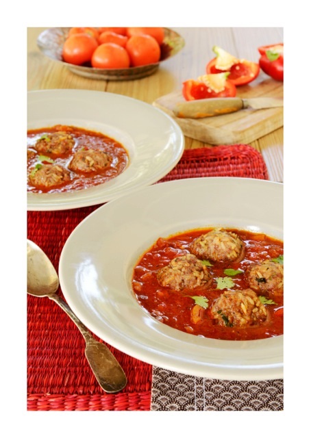 Roasted Red Pepper and Tomato Soup with Brown Rice Meatballs