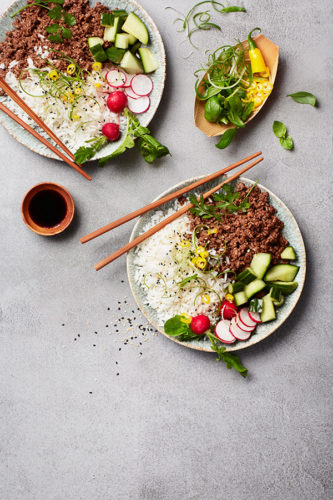 Crazy good Korean minced beef with rice and herb salad