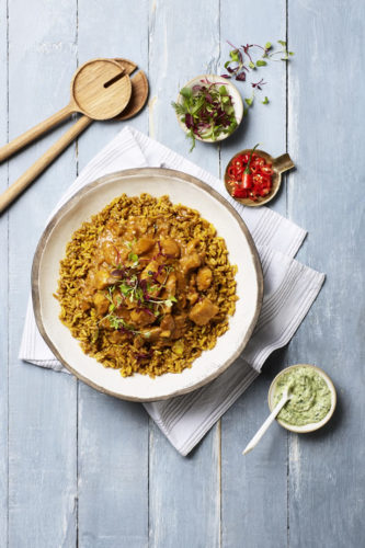 Moreish Malay curry with pilau rice and coriander-mint chutney