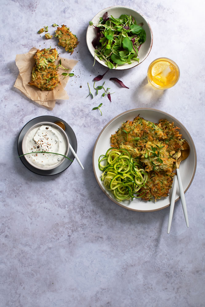 Zucchini & spring onion rice fritters with sour cream & chives