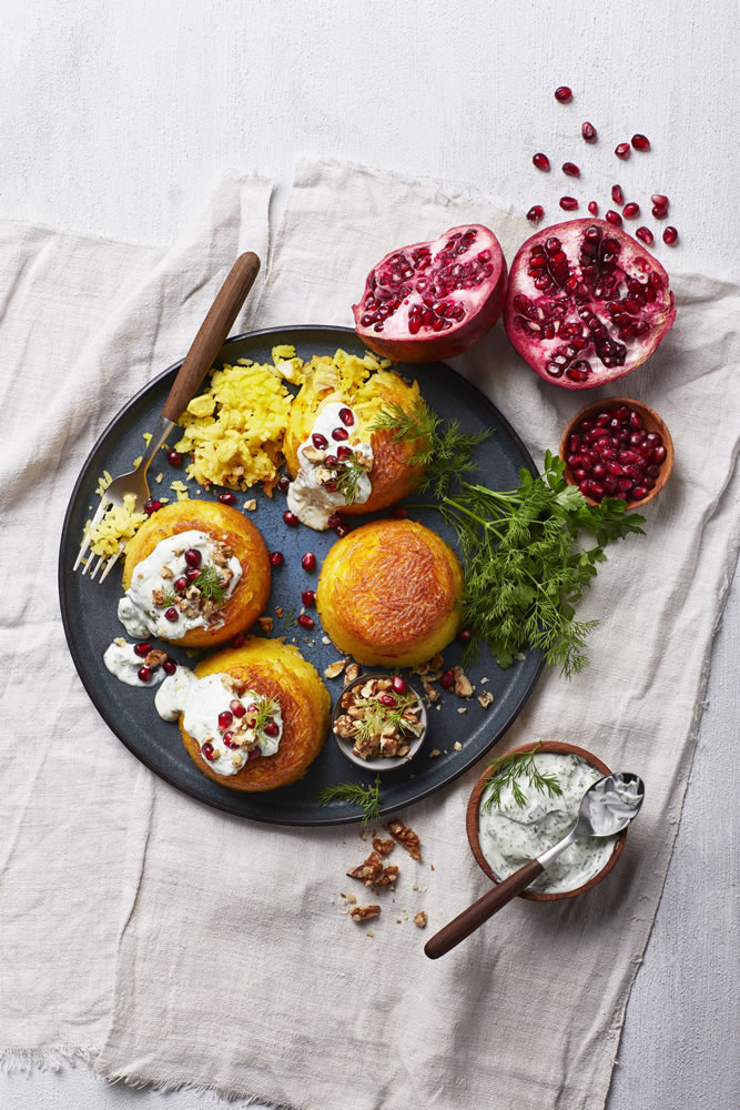 Persian Rice and Chicken Domes with Minty Yoghurt